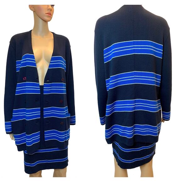 80s RODIER Dark Blue Knit Skirt Suit | Oversized Blazer Cardigan & Pencil Skirt - Picture 3 of 10